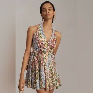 NEW BY ANTHROPOLOGIE HALTER MINI DRESS Floral Blocked Pattern Boho Swing Dress